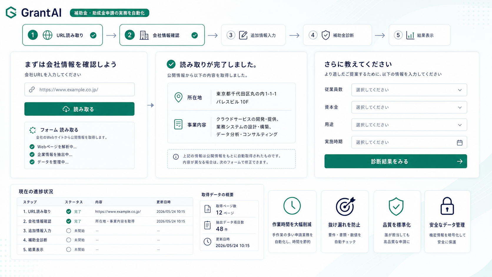 会社URLから会社情報を読み取り、追加情報を入力するGrantAIの画面